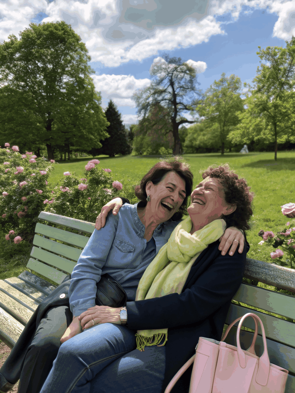 Casal de duas mulheres a rir abraçadas num banco de jardim