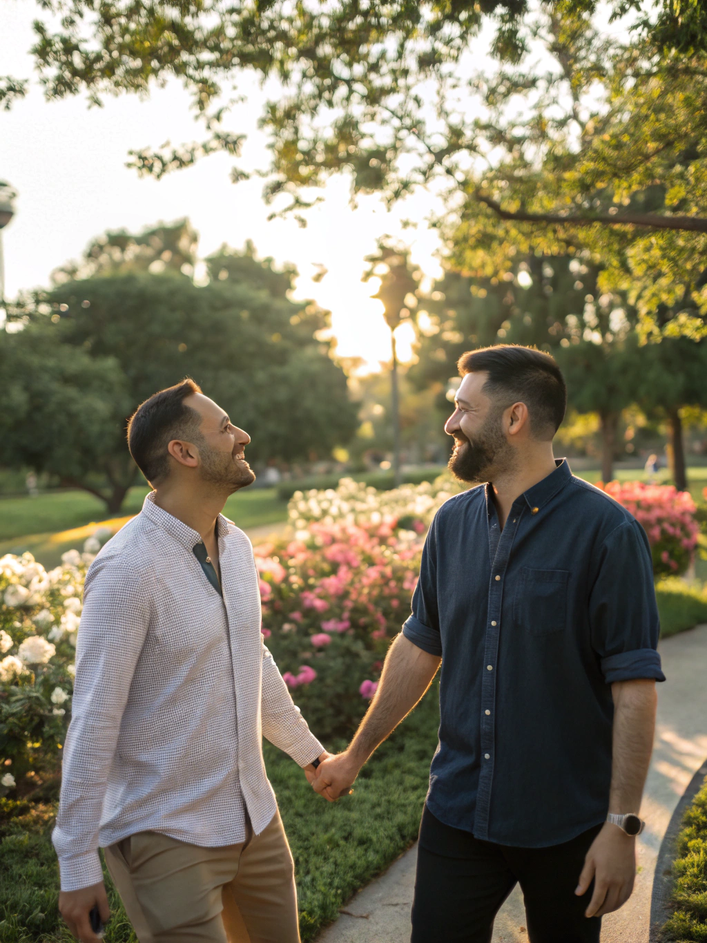Casal de dois homens a sorrir e a passear de mãos dadas num parque